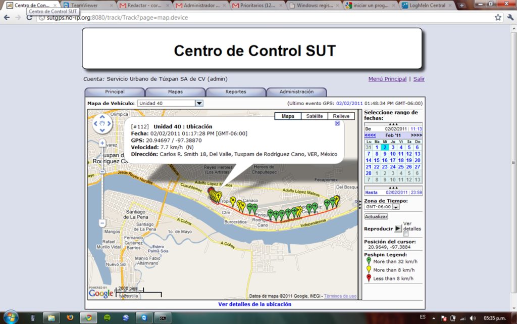 SUT Control Center — unit tracking view with GPS position, speed, and odometer